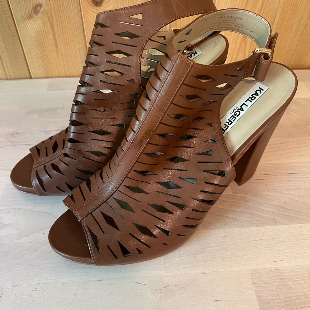 Karl Lagerfeld Brown Peep-Toe Heels with Chunky Block Heel - size 10